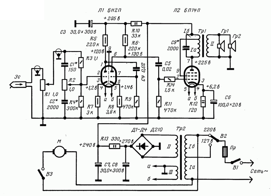 Схема лампового УНЧ на лампах 6Н2П, 6П14П (2Вт)